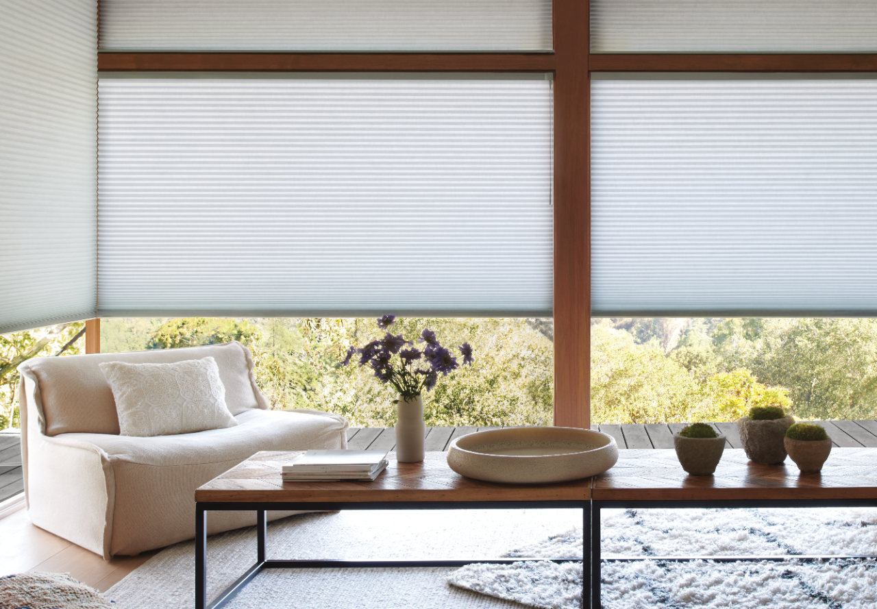 Woman in a kitchen looking out windows with Duette Powerview shades.